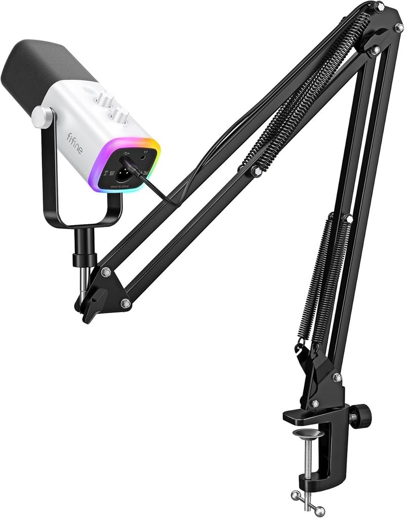 FIFINE طقم ميكروفون ألعاب XLR/USB، مجموعة ميكروفون ديناميكي للبث لجهاز الكمبيوتر، ميكروفون الكمبيوتر لتسجيل الصوت والبودكاست، مع جاك سماعات، زر التحكم في الصوت، حامل ذراع - AmpliGame AM8T أبيض - Image 1